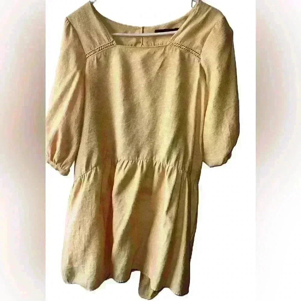 ZARA Baby Doll Dress Mustard color Boho Sz S Square Neck Half Sleeves Cottage